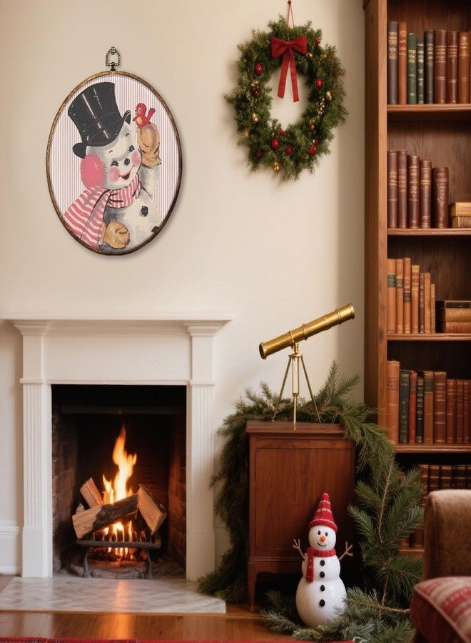 HUGANE Vintage Pink Christmas Snowman Round Wall Art Decor, Rustic Cozy Xmas Winter Snowman Hanging Canvas Framed Prints Wall Sculptures for Home Bedroom Living Room Decor, 10x10 Inch - Image 2